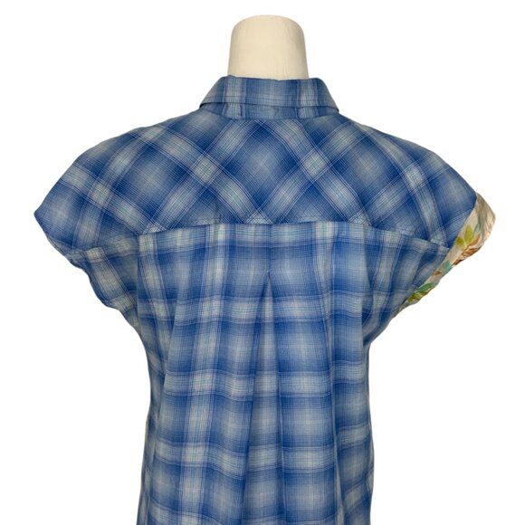 Johnny Was 3J Workshop Blouse S Blue Plaid Floral Silk Blend - Picture 9 of 13